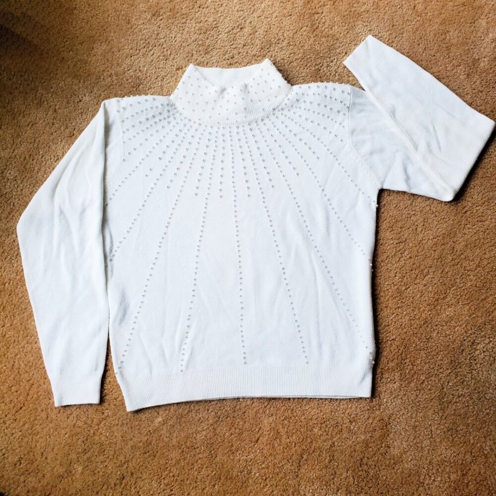 Dress Barn Mock Turtleneck Pearl Knit Sweater Women's Medium Cream Ivory